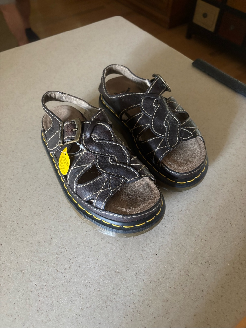 Vintage Brown Leather Fisherman Sandals with Yellow Stitching
